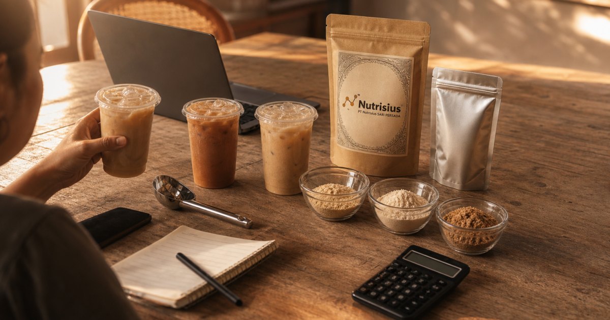 Pemilik usaha menilai bubuk base minuman cup dengan sampel minuman dan pouch polos.