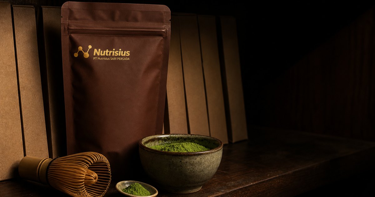 Kemasan pouch matcha lokal premium dengan bubuk hijau, mangkuk keramik, dan pengocok bambu.