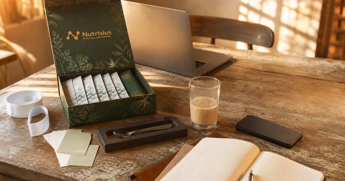 Peluang Minuman Corporate Gift untuk Pasar B2B 1 Paket minuman corporate gift di meja rapat dengan sampel kemasan dan gelas minuman.
