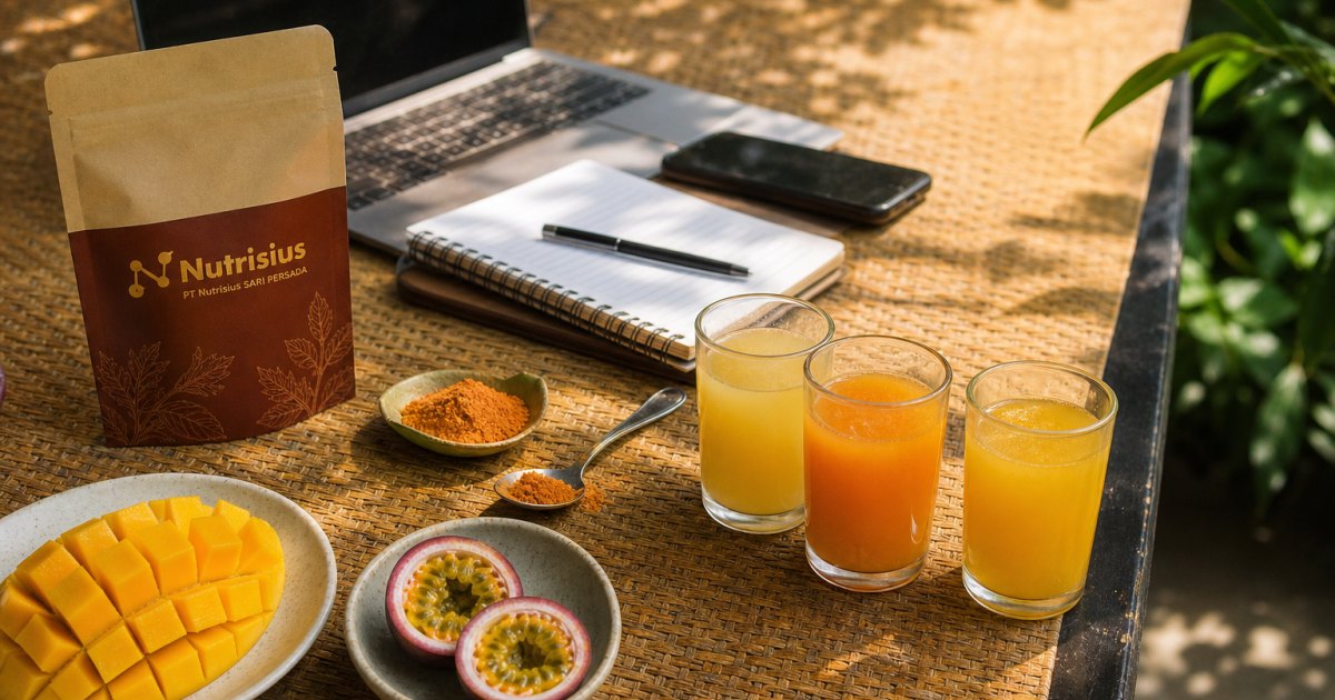 Meja perencanaan produk dengan mangga, markisa, dan sampel minuman serbuk buah lokal.