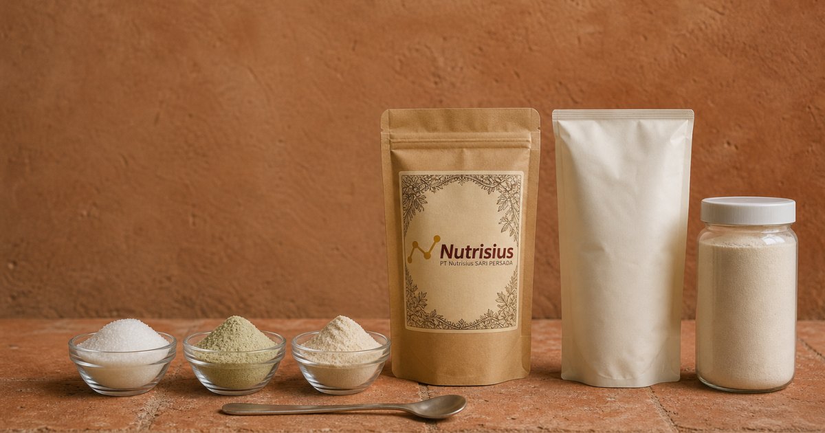 Pemilih Pemanis: Gula, Stevia, atau Campuran? 1 Tiga pilihan pemanis dibandingkan berdampingan untuk formulasi minuman serbuk maklon.