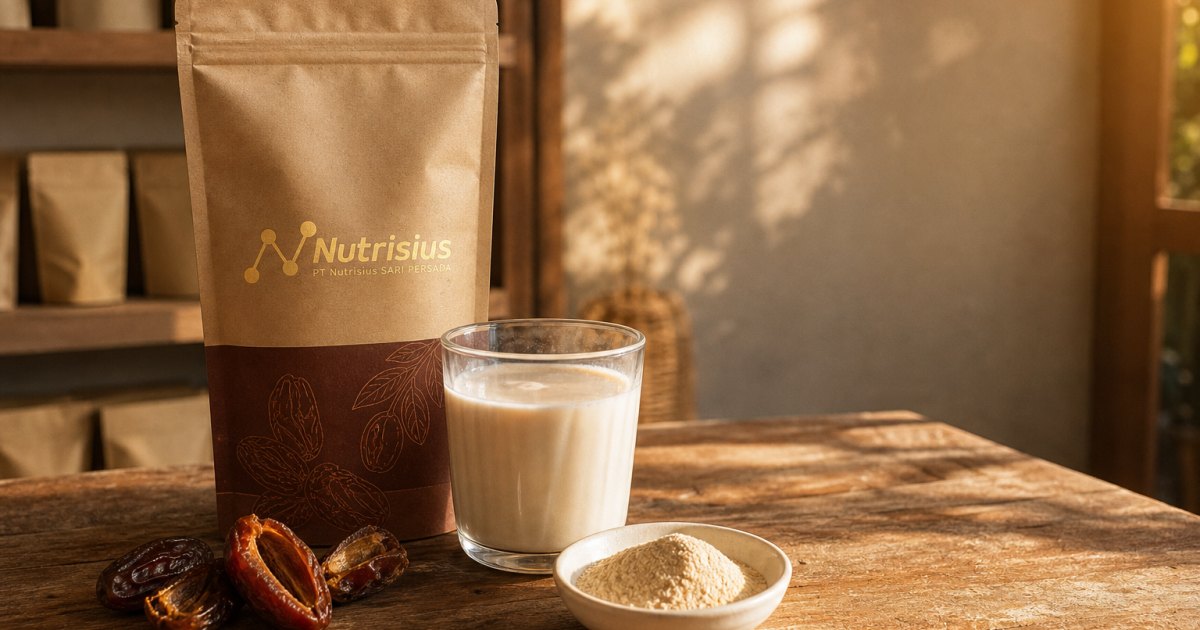 Susu Kurma Bubuk: Laris Manis Bukan Cuma Ramadan 1 Pouch susu kurma bubuk dengan minuman susu kurma dan buah kurma belah di meja.